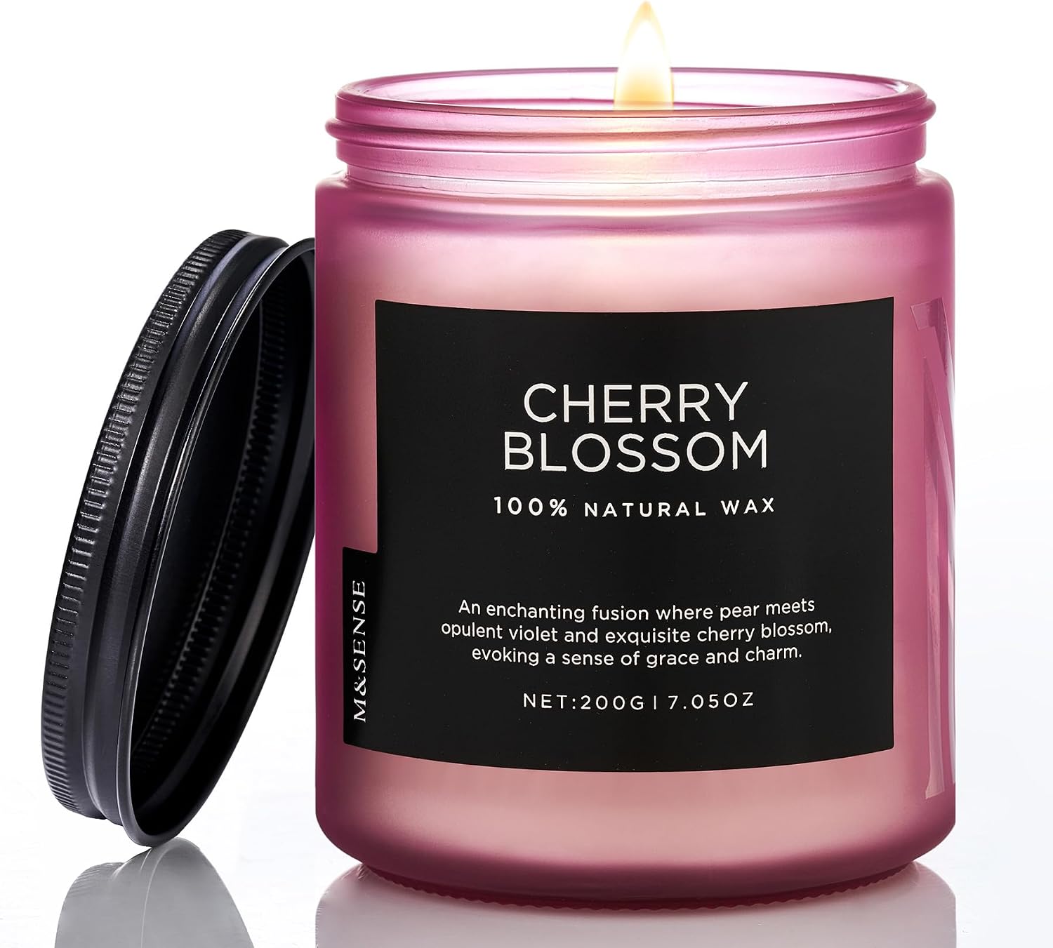Detalle de M&SENSE Cherry Blossom Soy Candle — 7.05oz, 50-Hour Clean Burn in Reusable Jar