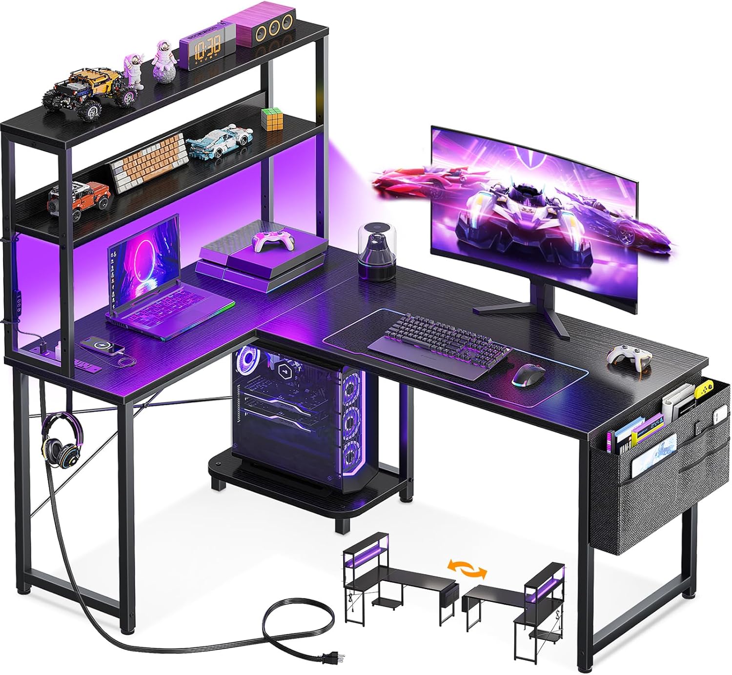 AODK 43-Inch Reversible L-Shaped Gaming Desk with LED Lights and Power Outlet