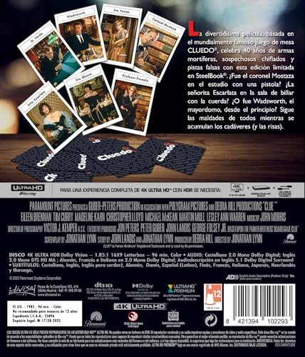 Detalle 2 de Cluedo: El Juego de la Sospecha (Clue) — edición 4K UHD de 1985, dirigida por Jonathan Lynn (1 disco) | Divisa Films