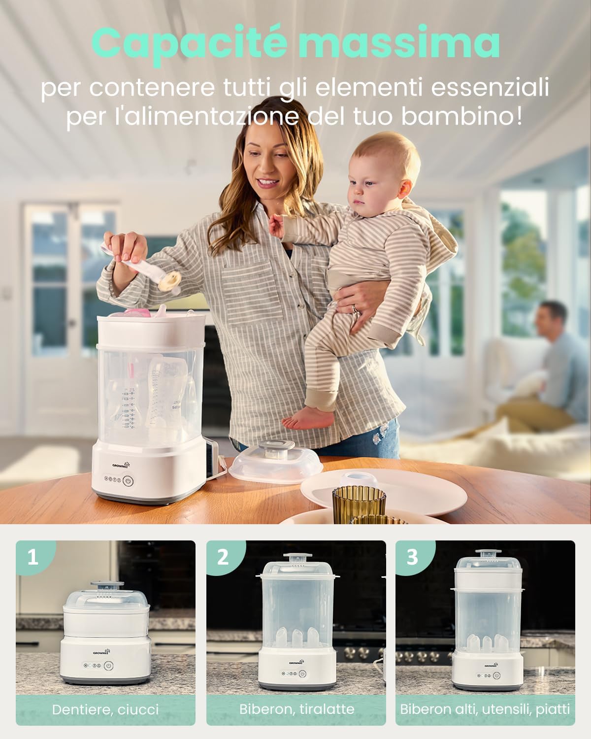 Detalle 2 de Grownsy Sterilizzatore Biberon elettrico a vapore con asciugatura e funzioni 5 in 1