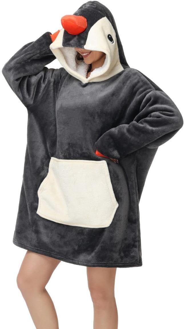 Detalle de Chuangminghangqi Unisex Kuscheldecke als Hoodie mit Ärmeln und Kapuze – oversized Tier-Design