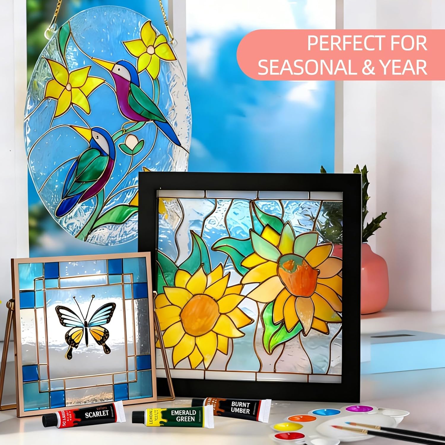 Thumbnail 3 de Colourful Acrylic Stained Glass Paint Set with 12 Colours, 6 Brushes & 1 Palette