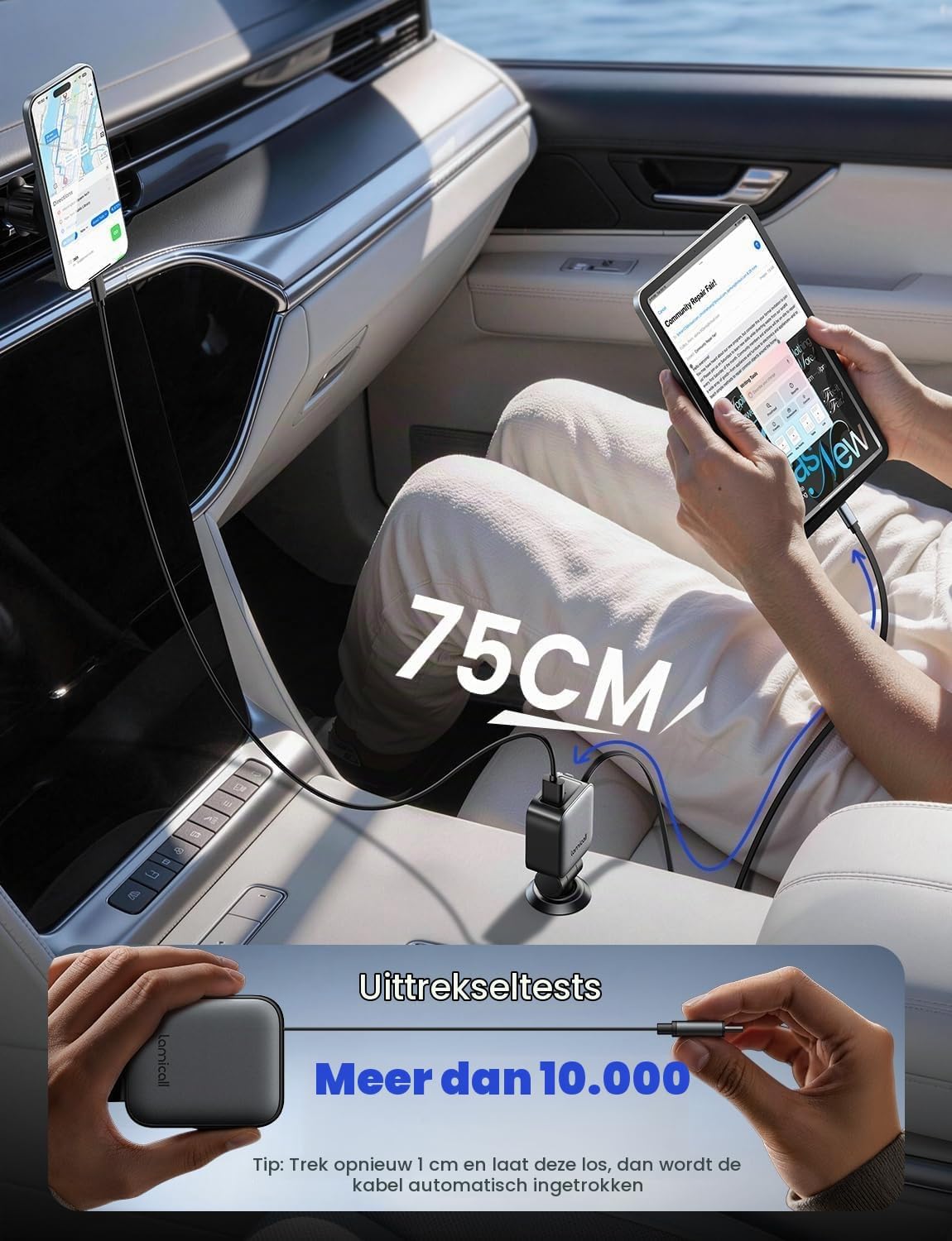 Detalle de Lamicall MT-VHCC02-EU-GY-LA autolader met twee intrekbare kabels en 4 aansluitingen