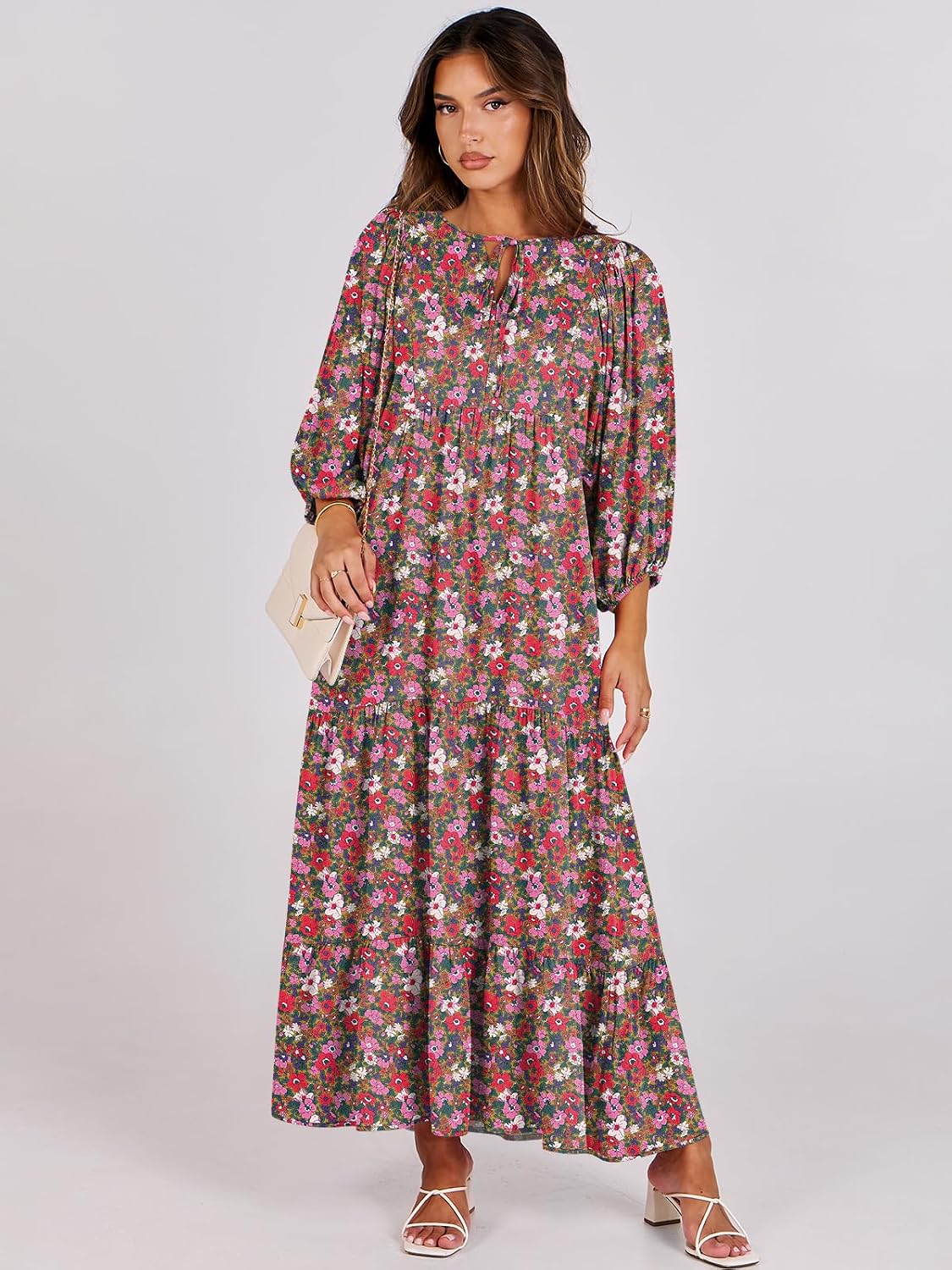 Thumbnail 5 de ANRABESS Women's Boho Floral 3/4 Puff Sleeve Maxi Dress