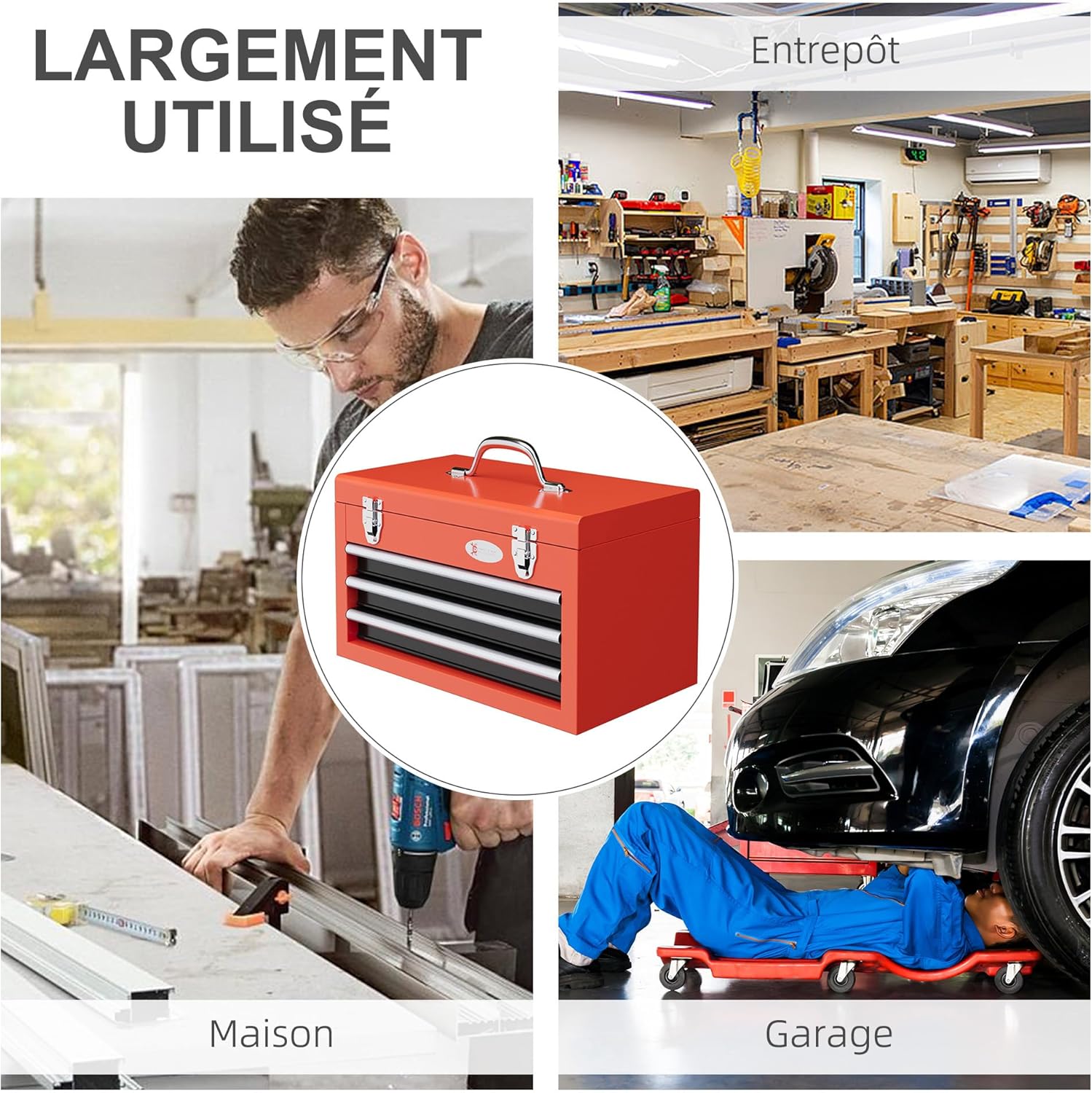 Thumbnail 4 de DURHAND Caisse à Outils Acier 3 tiroirs Rouge