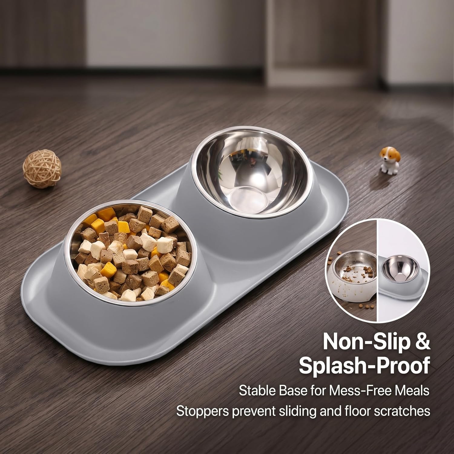Detalle 2 de Suhaco Raised Double Dog Bowl with Stainless Steel Bowls – Grey