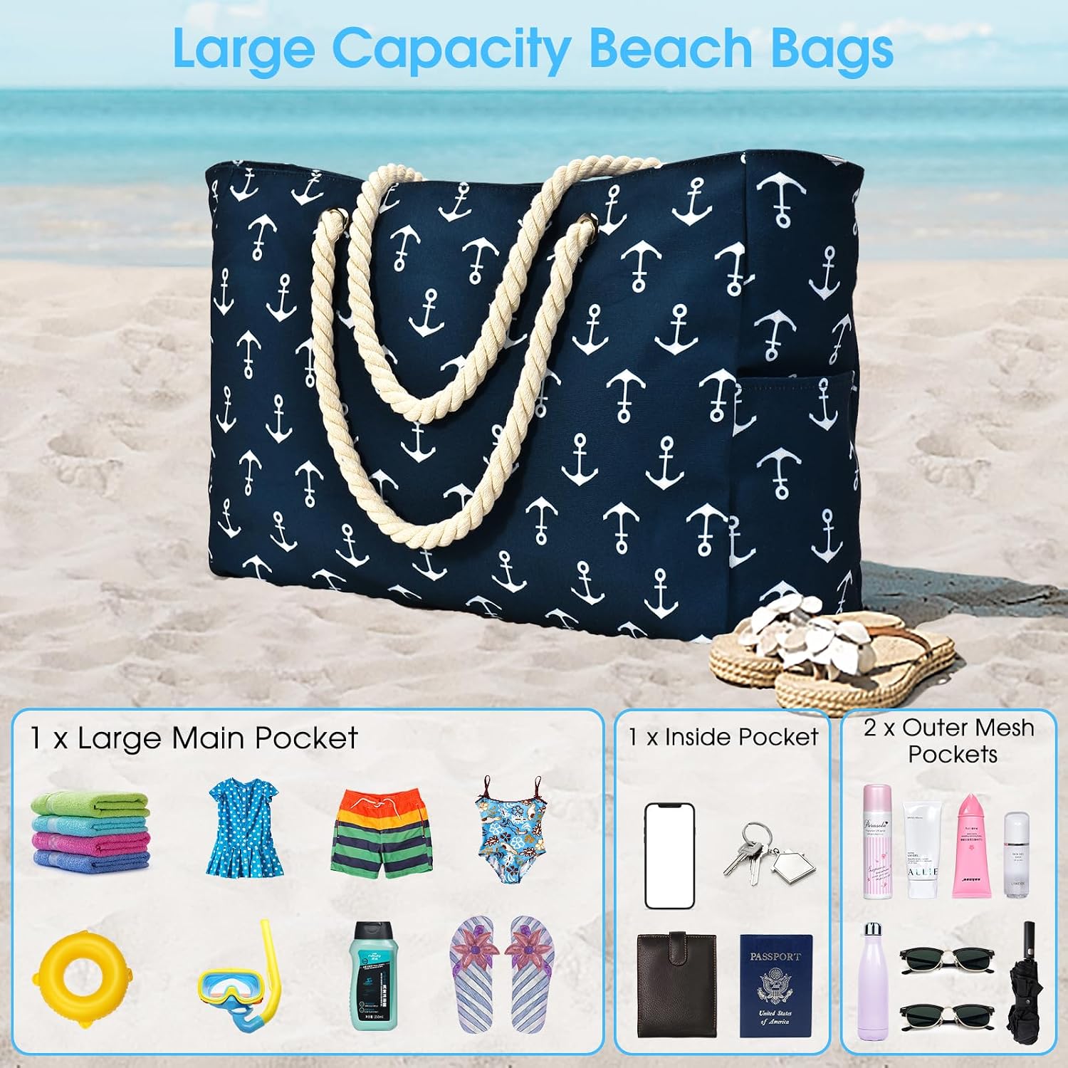 Thumbnail 6 de oscaurt Large Waterproof Beach Bag with Zip and Rope Handle – capacity tote for beach, pool and travel