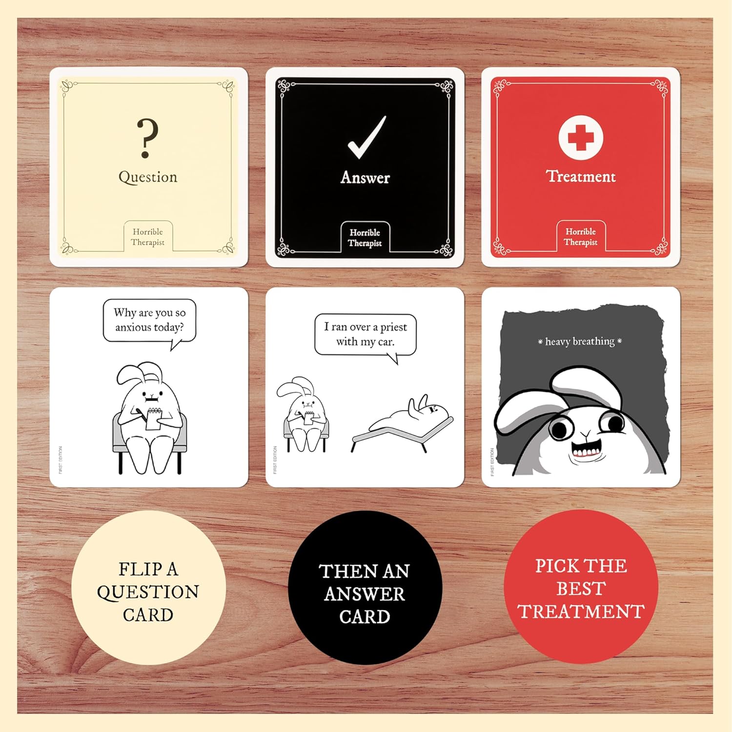 Detalle de Exploding Kittens – Horrible Therapist: Extra Horrible Edition (3–8 Spieler, 17+) – Comic- und Therapiesatire