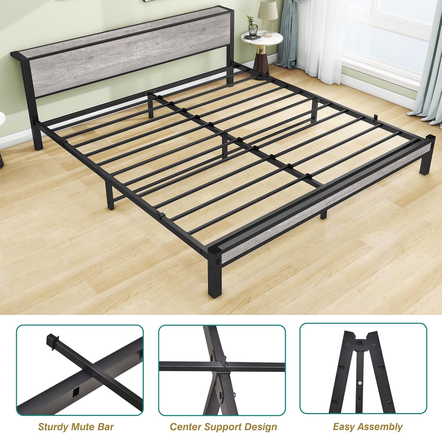 Thumbnail 4 de DUMEE Double Bed Frame with Wooden Storage Shelf Headboard and Metal Platform – Black/Grey Oak