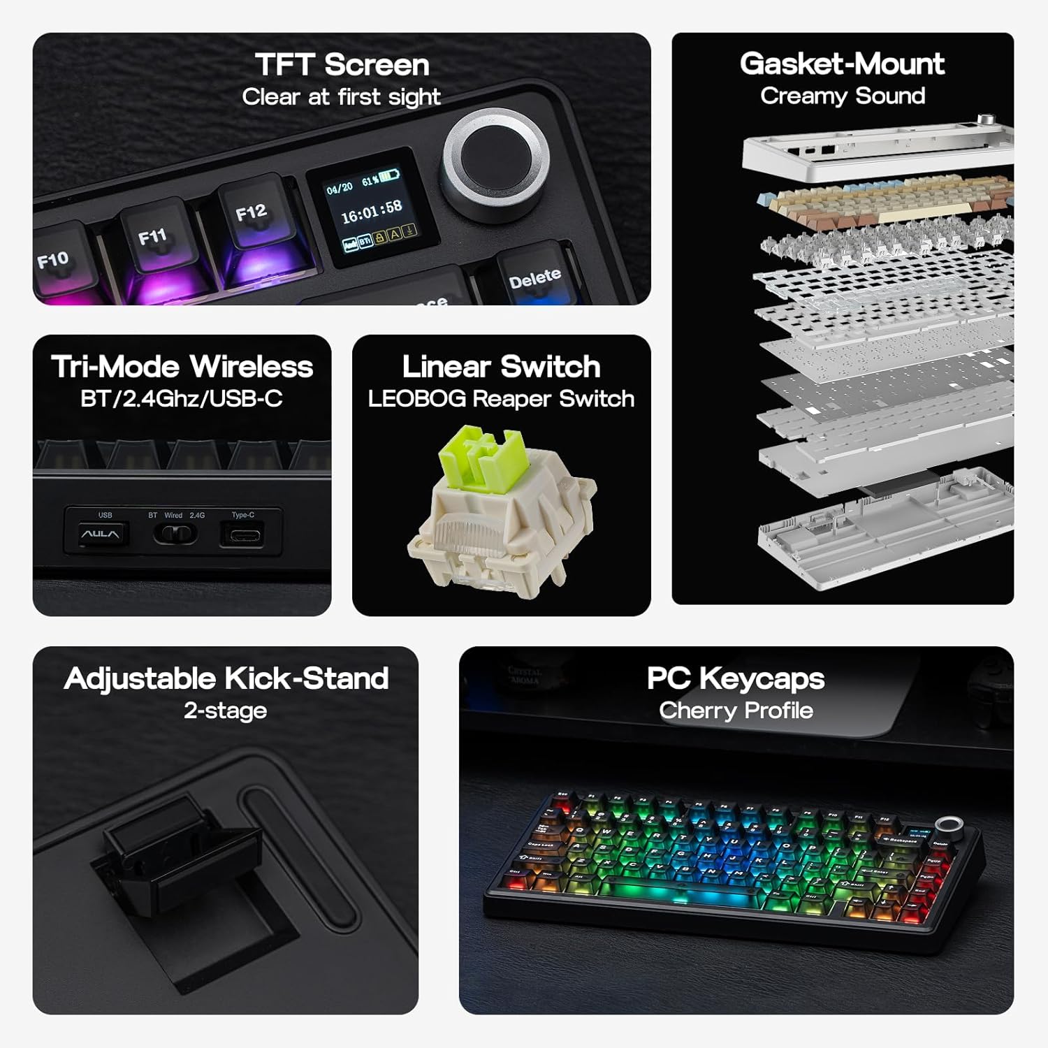 Detalle de EPOMAKER X Aula F75 MAX Wireless Mechanical Keyboard with TFT Screen and Knob (75% US Layout, Matte Black, Reaper Switch)