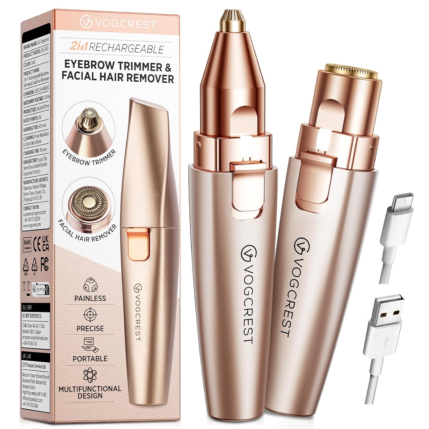 Detalle de VG VOGCREST Augenbrauen-Gesichtstrimmer 2‑in‑1 (wiederaufladbar, LED, Rosé gold) – schmerzlose Haarentfernung für Gesicht & Lippen