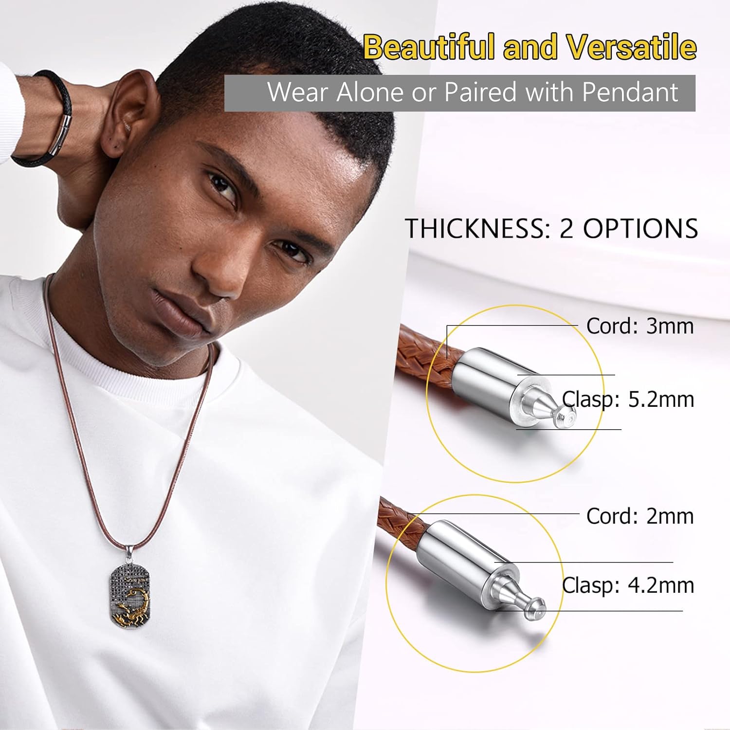 Thumbnail 3 de PROSTEEL Chaîne-collier homme marron en faux cuir 3 mm avec fermoir acier inoxydable