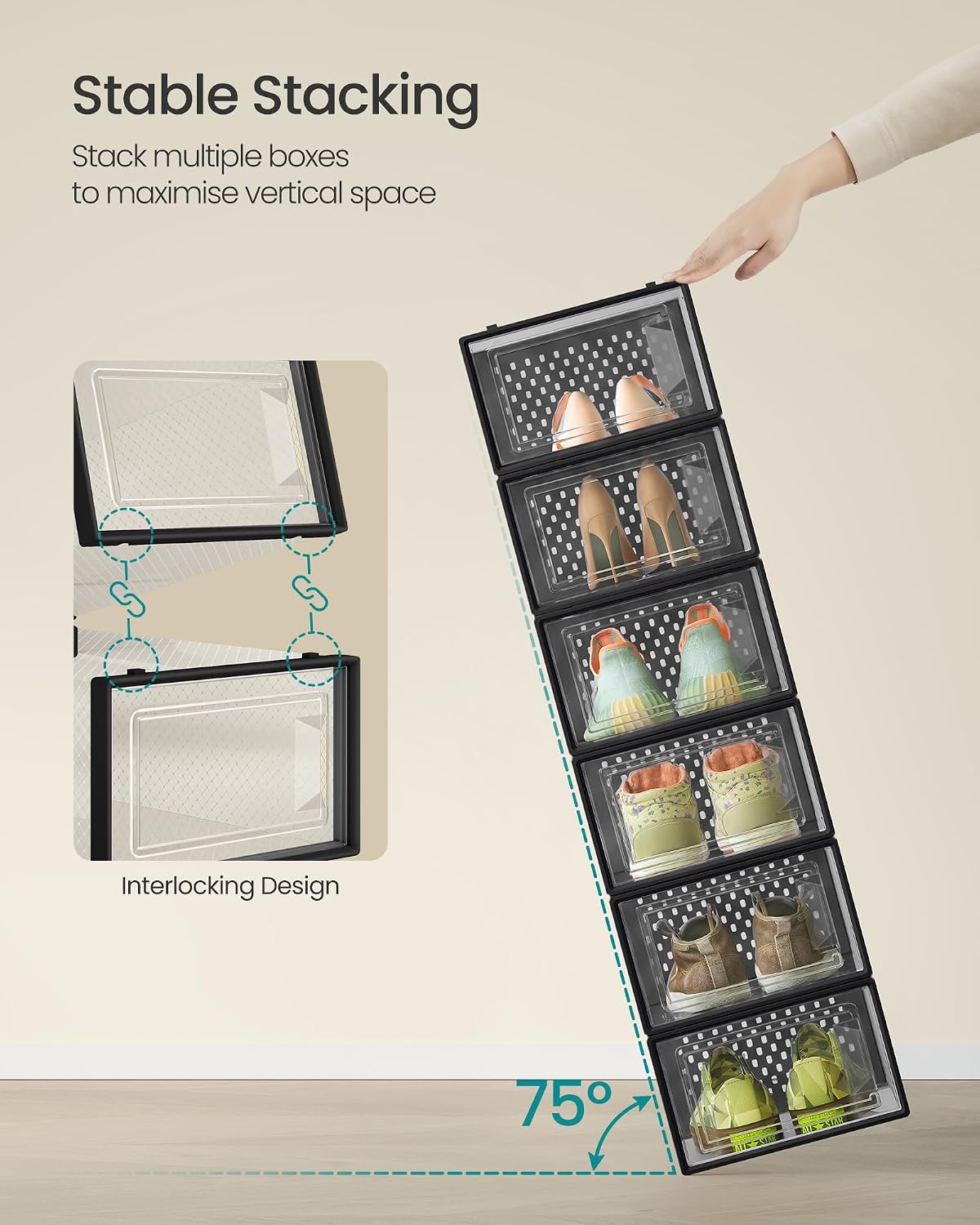 Thumbnail 2 de SONGMICS 12-Pack Stackable Shoe Boxes (LSP006B12): Transparent, Foldable Storage for UK Size 8