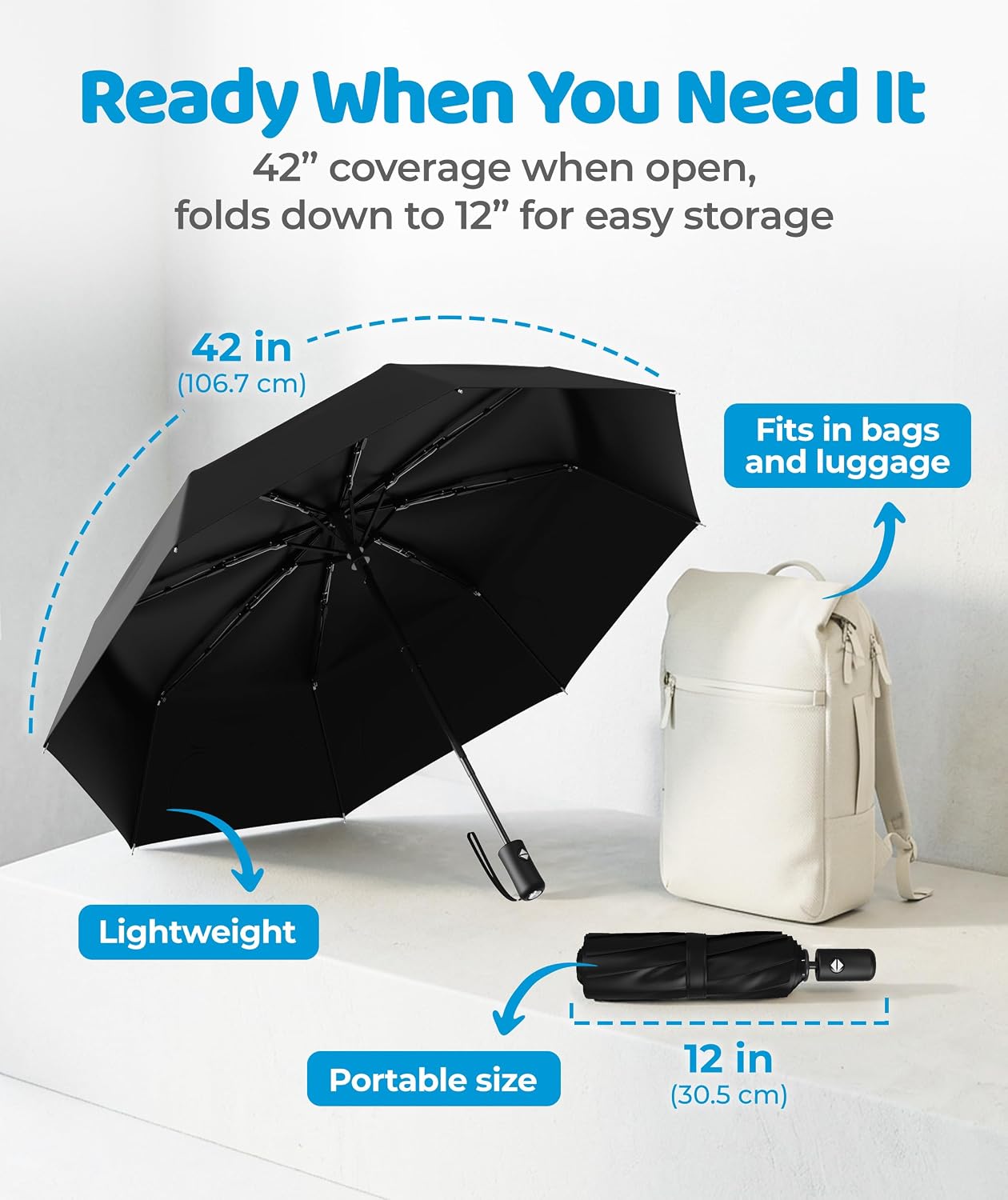Detalle de Rain-Mate Windproof Compact Umbrella (Auto Open & Close) — Portable Folding Travel Umbrella for Rain