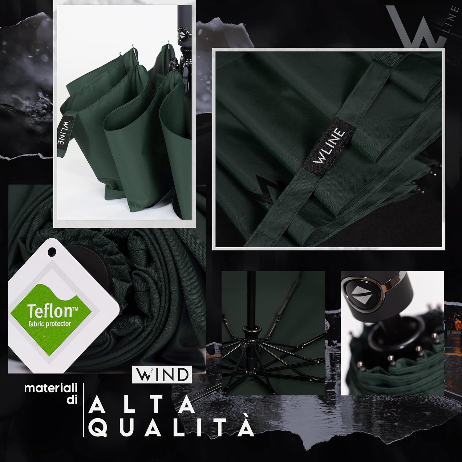 Detalle de WLine Wind Ombrello Pieghevole Antivento 210T con 10 Aste Rinforzate, Diametro 104 cm, Verde – Automatico