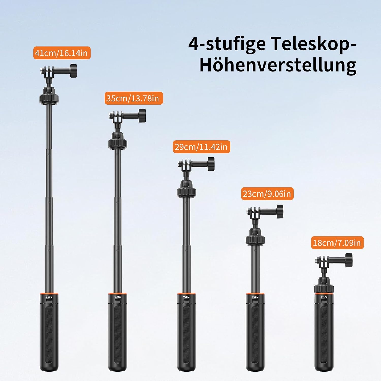 Detalle de VRIG 40cm Selfie-Stick Stativ für Action Cam – 2‑Polige Halterung, verlängerbar bis 40 cm