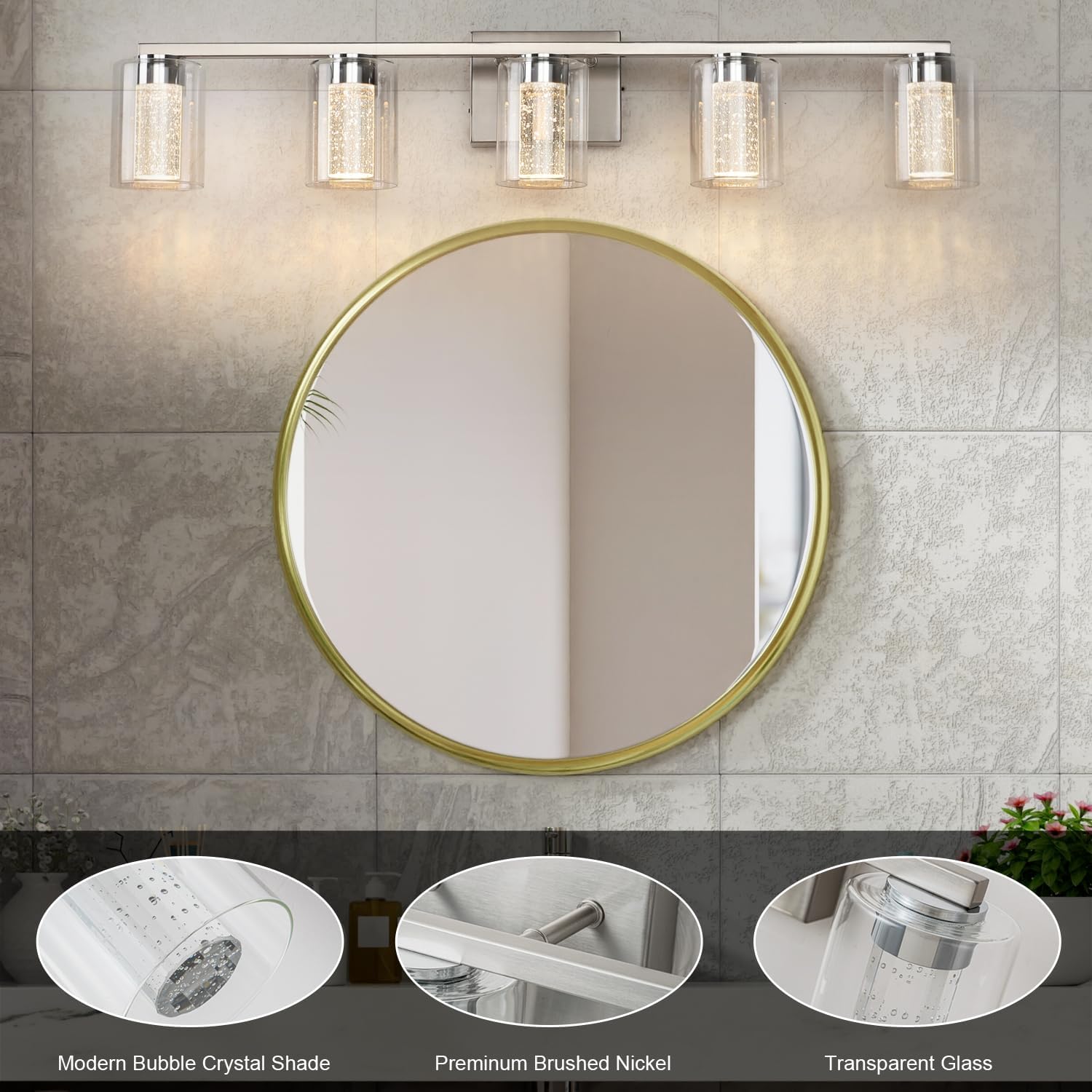 Detalle de SineRise b3f1f31a-54a6-43a6-adc3-c6c3ecce948c 5-Light Brushed Nickel Vanity Light