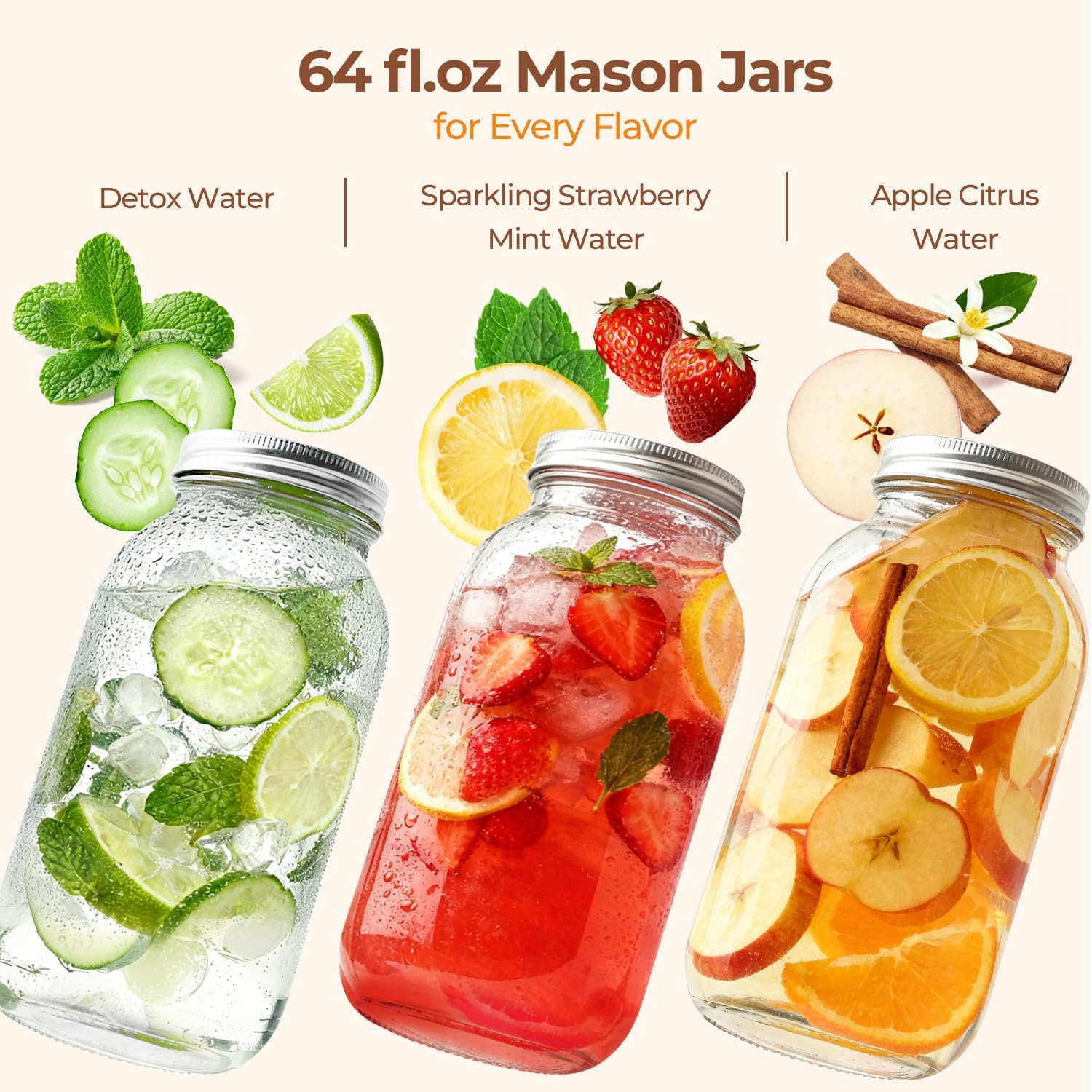 Detalle 1 de ComSaf 64 oz Wide-Mouth Mason Jars, 3-Pack Glass Food Storage Set