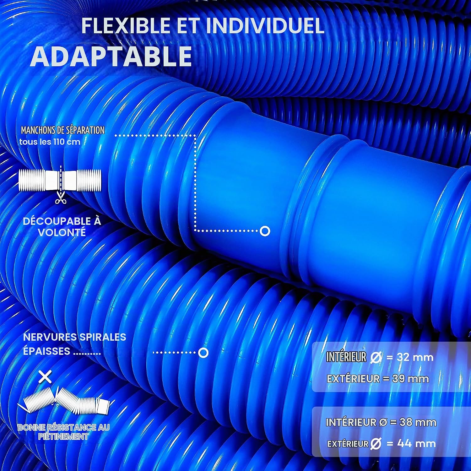 Detalle de tillvex TVPS zwembadslang van 30 m, blauw en 38 mm, met hulzen