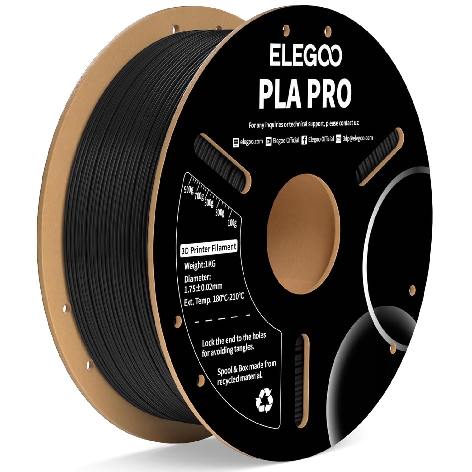 Detalle de ELEGOO PLA PRO 1.75mm Black 1kg Filament – Neatly Wound, Low-Temp Printing with High Dimensional Accuracy