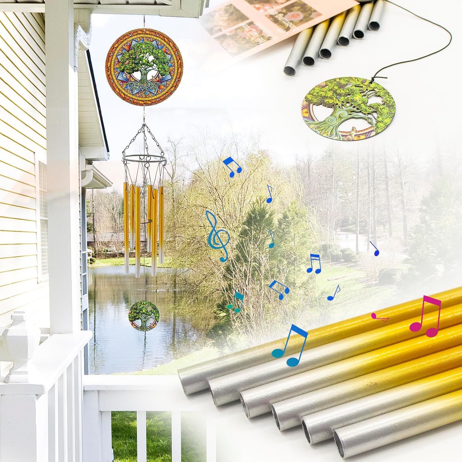 Detalle de Windspiel mit Baum des Lebens Wind Spinner aus Edelstahl & Aluminium – dekorativer Outdoor-Hänger für Garten, Terrasse & Veranda