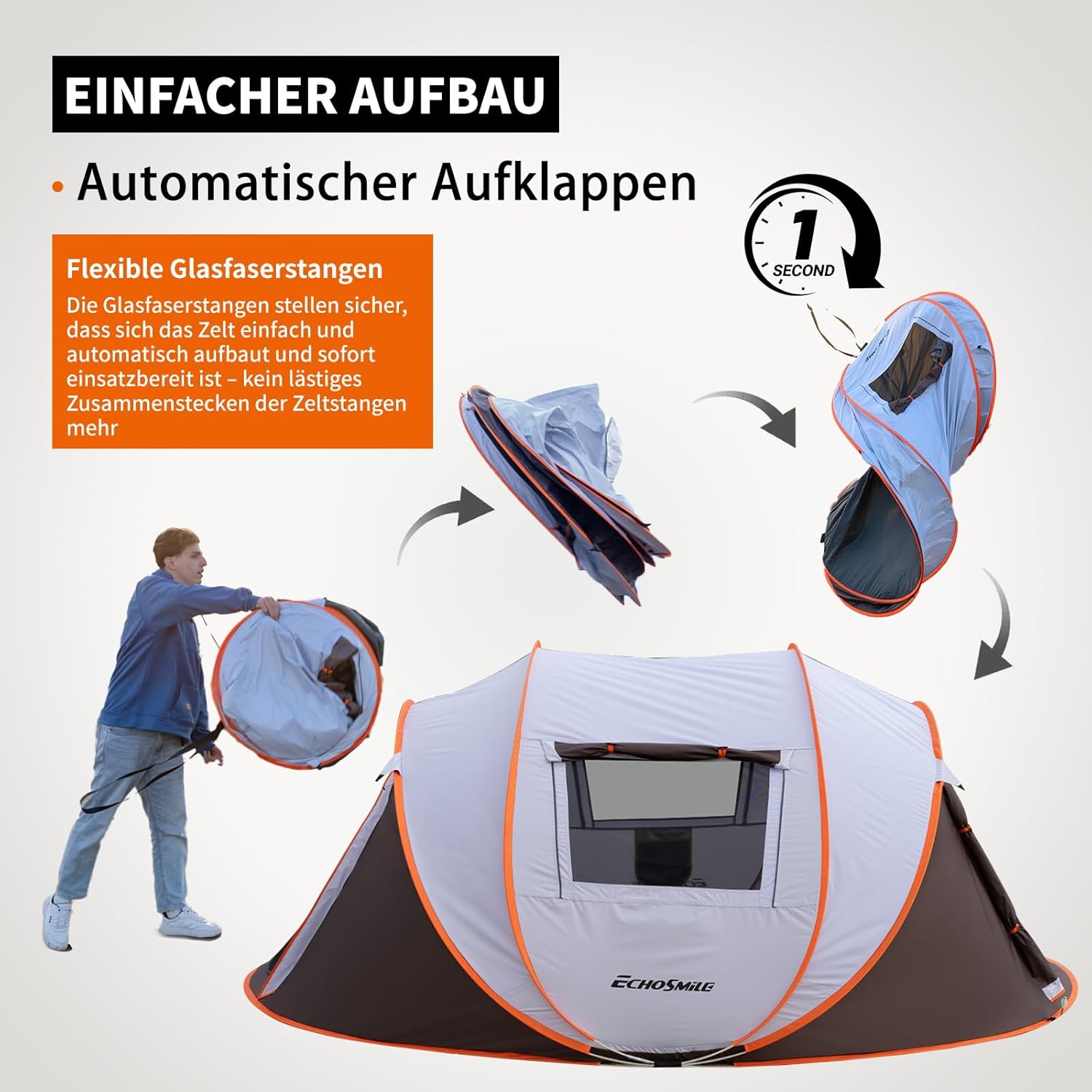 Detalle 2 de EchoSmile Pop up Zelt 4–8 Personen – Schnelles Aufbaupaket für Familiencamping