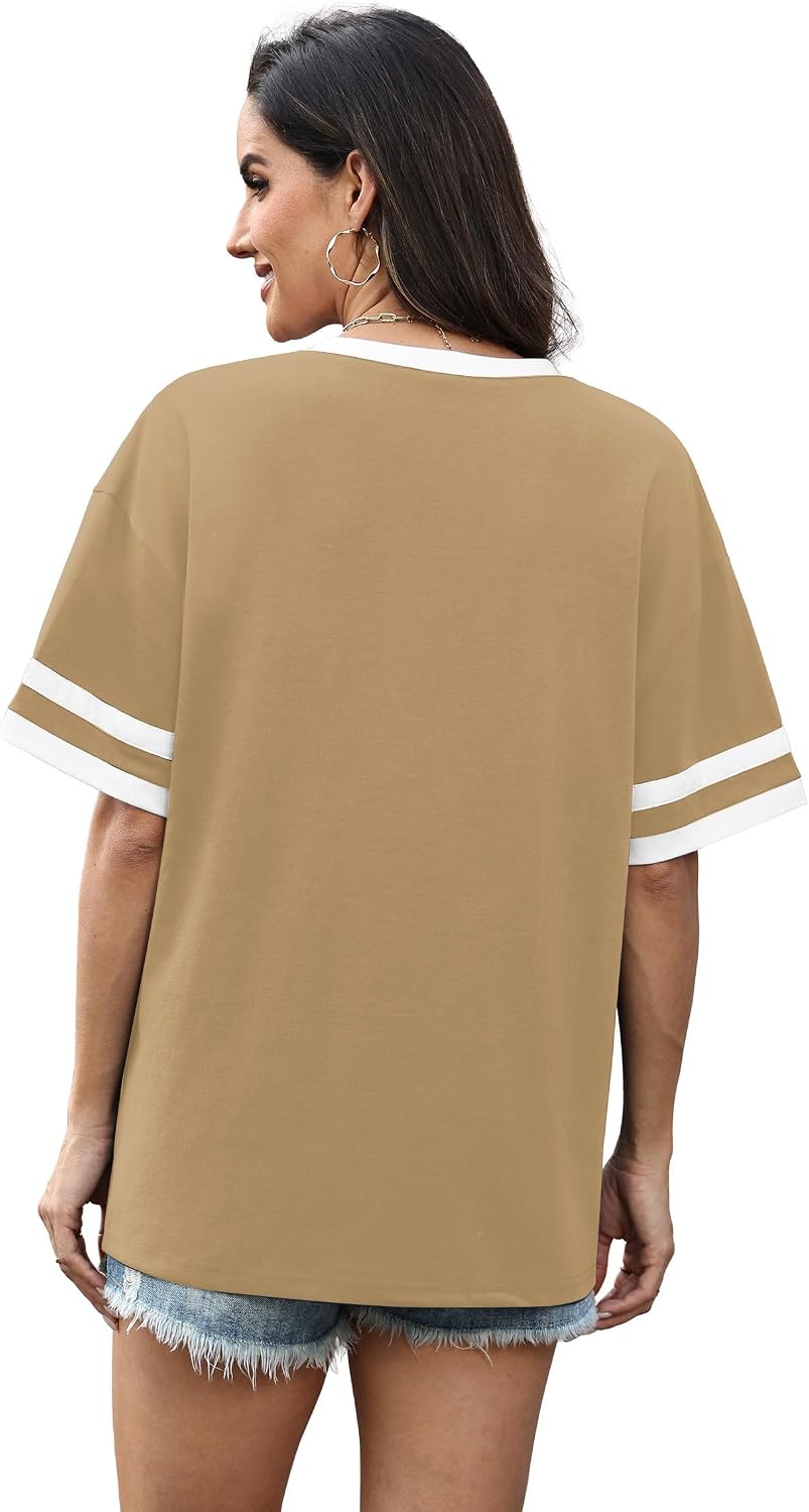 Detalle de WIHOLL Women's Loose Fit V-Neck Color Block T-Shirts (S-4XL)