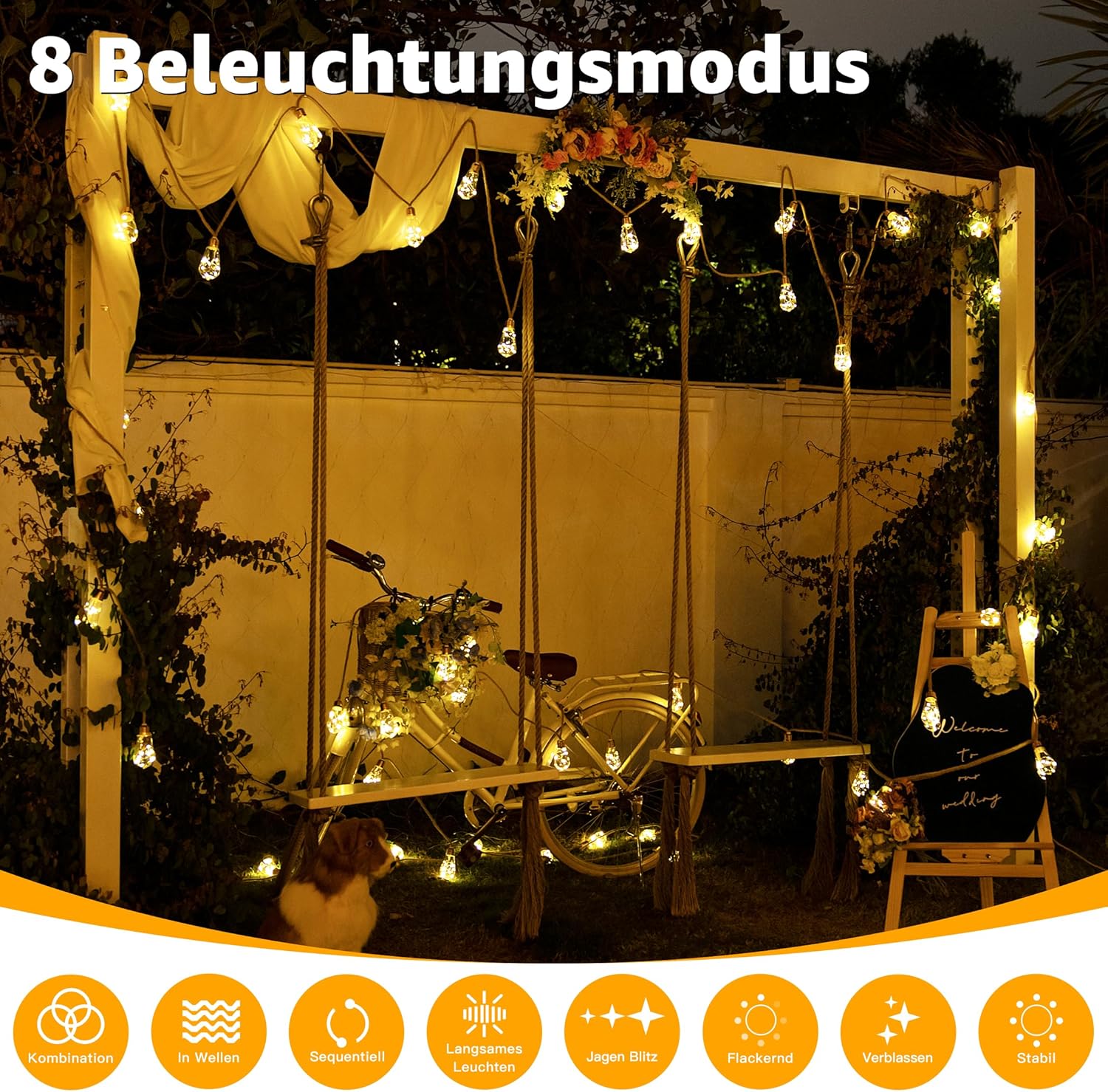 Thumbnail 5 de Ollny Solar-Lichterkette für außen mit 16 S17-Glühbirnen, 8 Modi & Timer (IP45) – USB und Fernbedienung