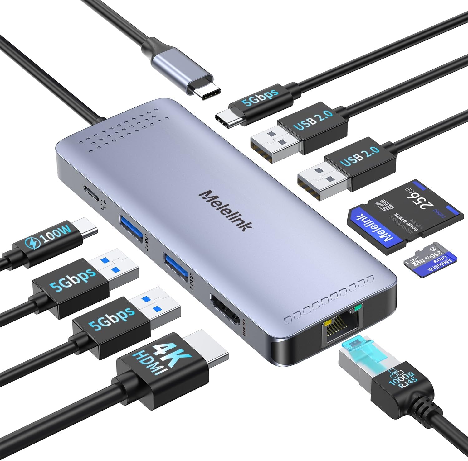 Detalle de Melelink USB C Hub 10 in 1, 100W