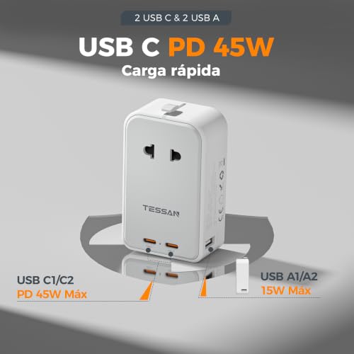 Detalle de TESSAN Adaptador Enchufe Universal Plano con 2 USB A y 2 USB C (Gris)