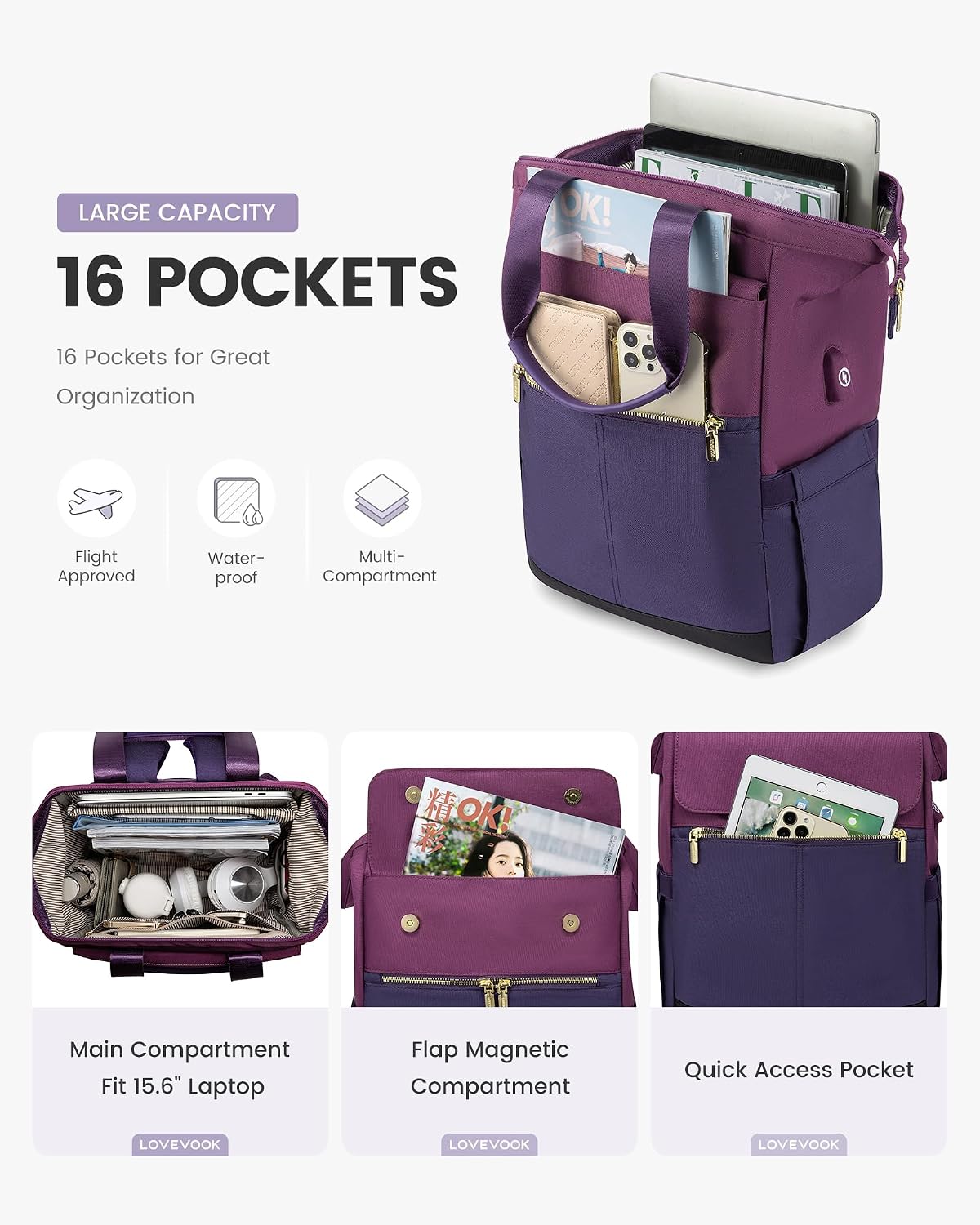 Detalle de LOVEVOOK Purple backpack with 15.6-inch laptop space