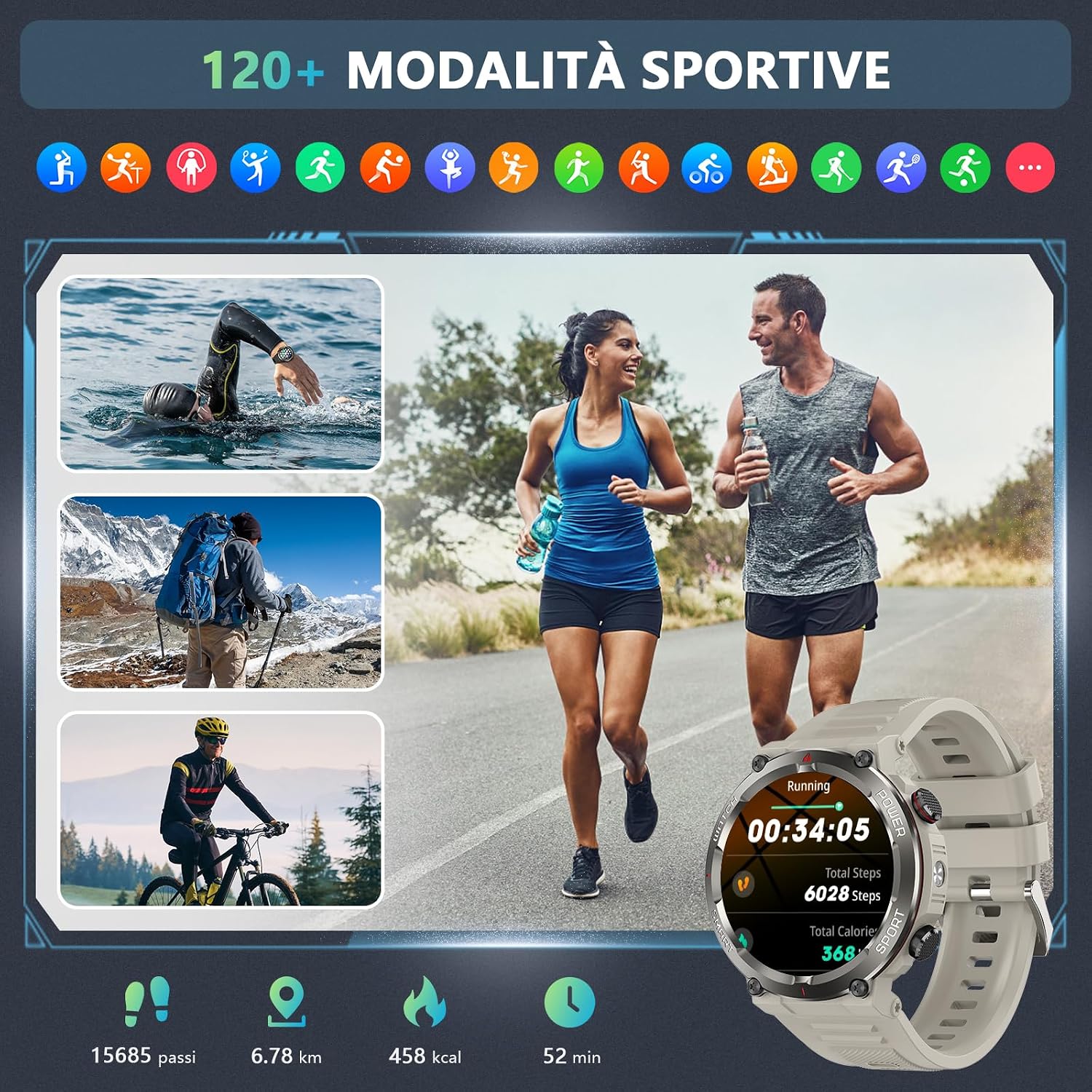 Thumbnail 6 de Baolubao Smartwatch Uomo con Torcia e Bussola – 1.45", 120+ modalità sportive, 2 cinturini, IP68, Chiamate/Bluetooth e AI Assistente