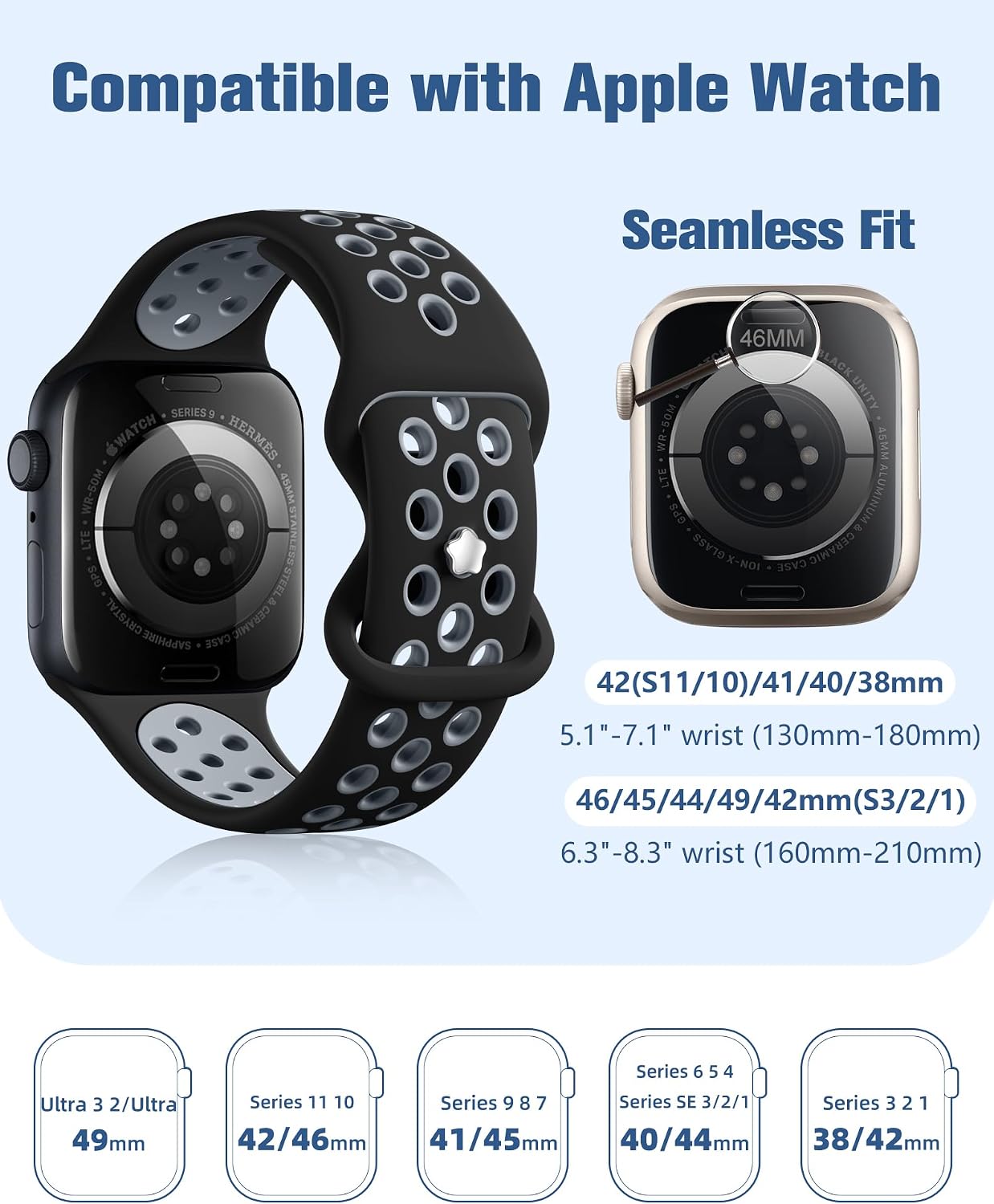 Detalle de Adorve 4 Pack Breathable Silicone Sport Strap for Apple Watch (40–42mm and 38–46mm) with Two‑Tone Design