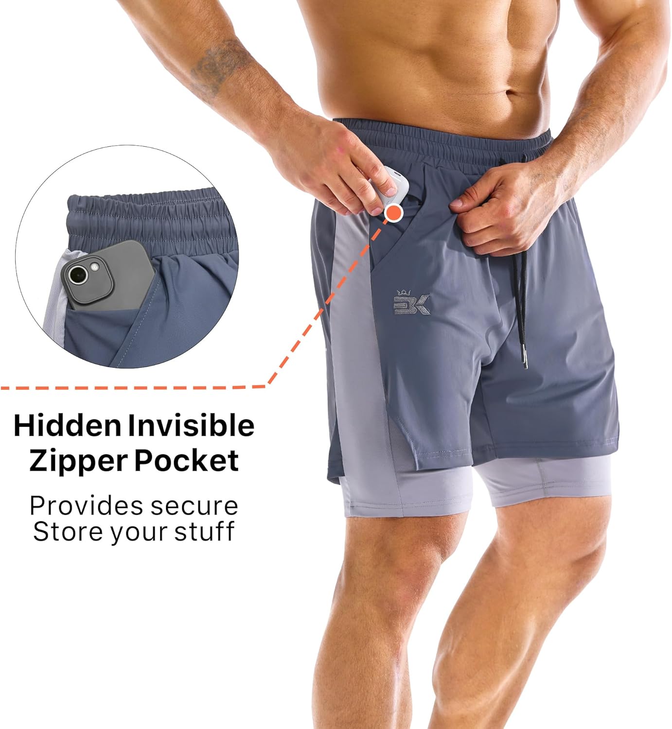 Thumbnail 4 de Brokig Men’s Liner Gym Shorts with Zip Pocket – lightweight double-layer training shorts