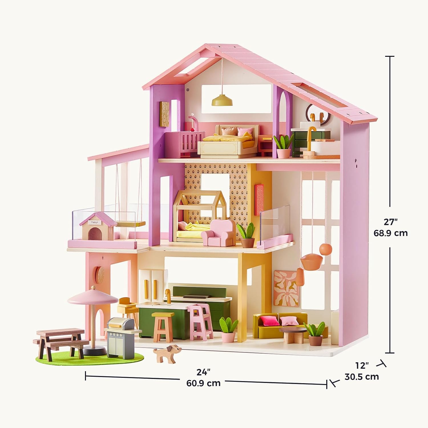 Thumbnail 6 de Tiny Land Wooden Doll House: Modern Pink 7-Room Family Home with 49 Accessories