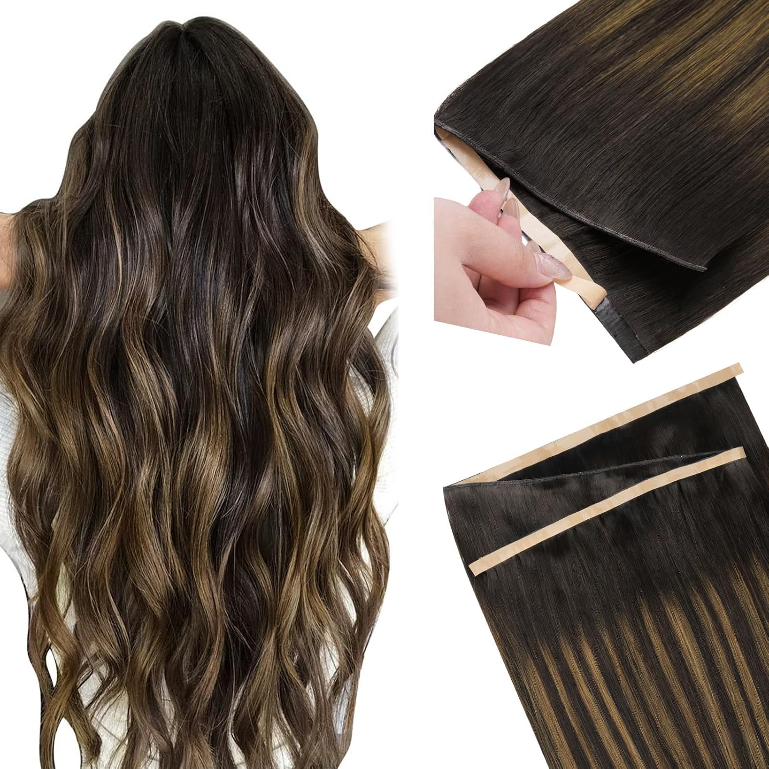 Detalle de DOORES Tape-in Weft Hair Extensions - Genius Seamless, Balayage Dark Brown to Chestnut Brown, 20 Inch, 60g