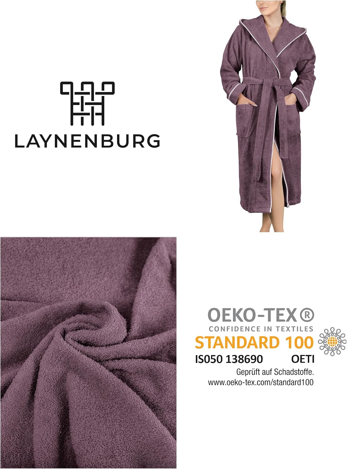 Thumbnail 6 de LAYNENBURG Damen-Bademantel aus Frottee mit Kapuze, 100% Baumwolle (360 g/m²) – lang & OEKO-TEX für S–3XL