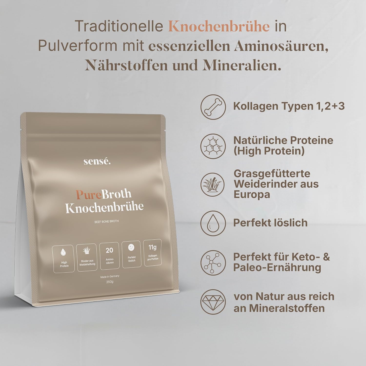 Thumbnail 2 de sensé Knochenbrühe Pulver vom Weiderind – Bioaktiv, 350 g, Kollagen Typ 1, 2 & 3