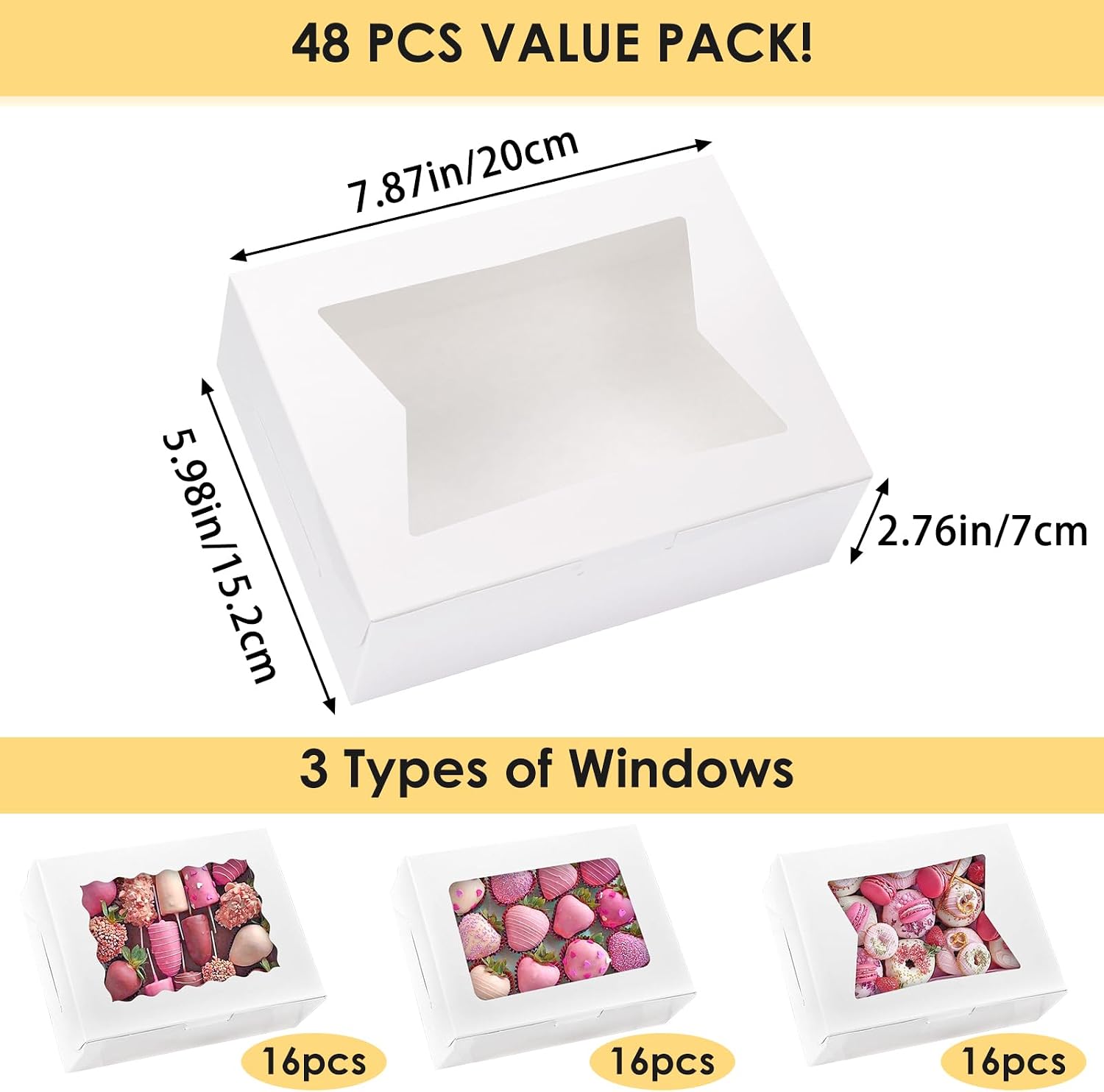 Detalle 2 de Moretoes 48-Count Bakery Boxes, 8 x 6 x 2.5 in, 3 Window Styles