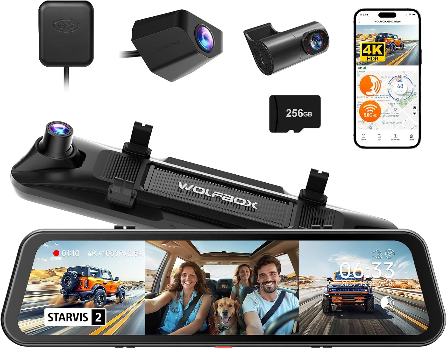 Detalle de WOLFBOX G900 Tripro 3-Channel Cabin Mirror Dash Cam (Version 3) with 4K + 2.5K + 1080P, 8MP STARVIS Night Vision and 256GB