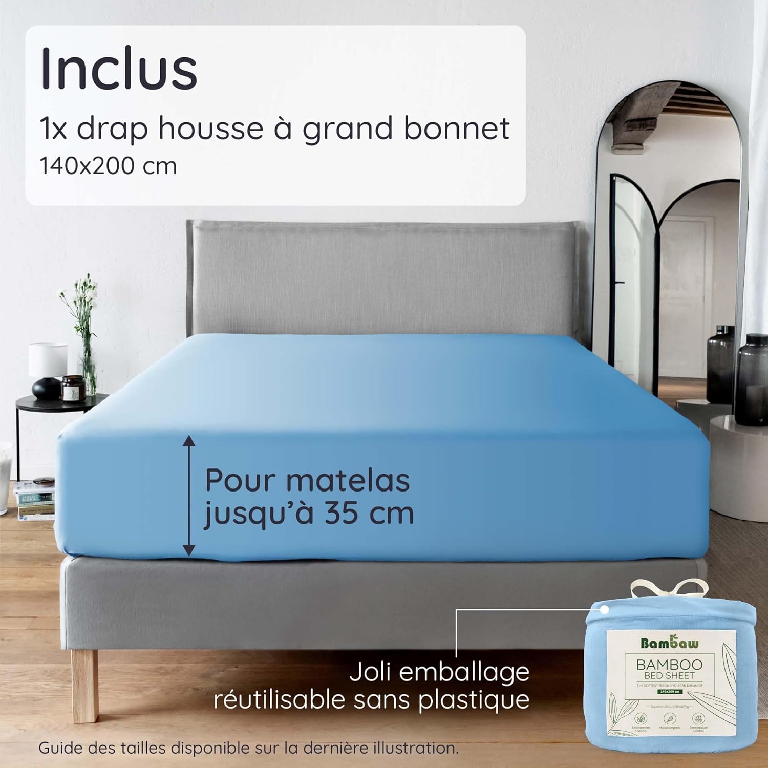 Thumbnail 1 de Bambaw Drap housse bambou 140x200 cm (bleu clair) pour matelas épais jusqu’à 35 cm