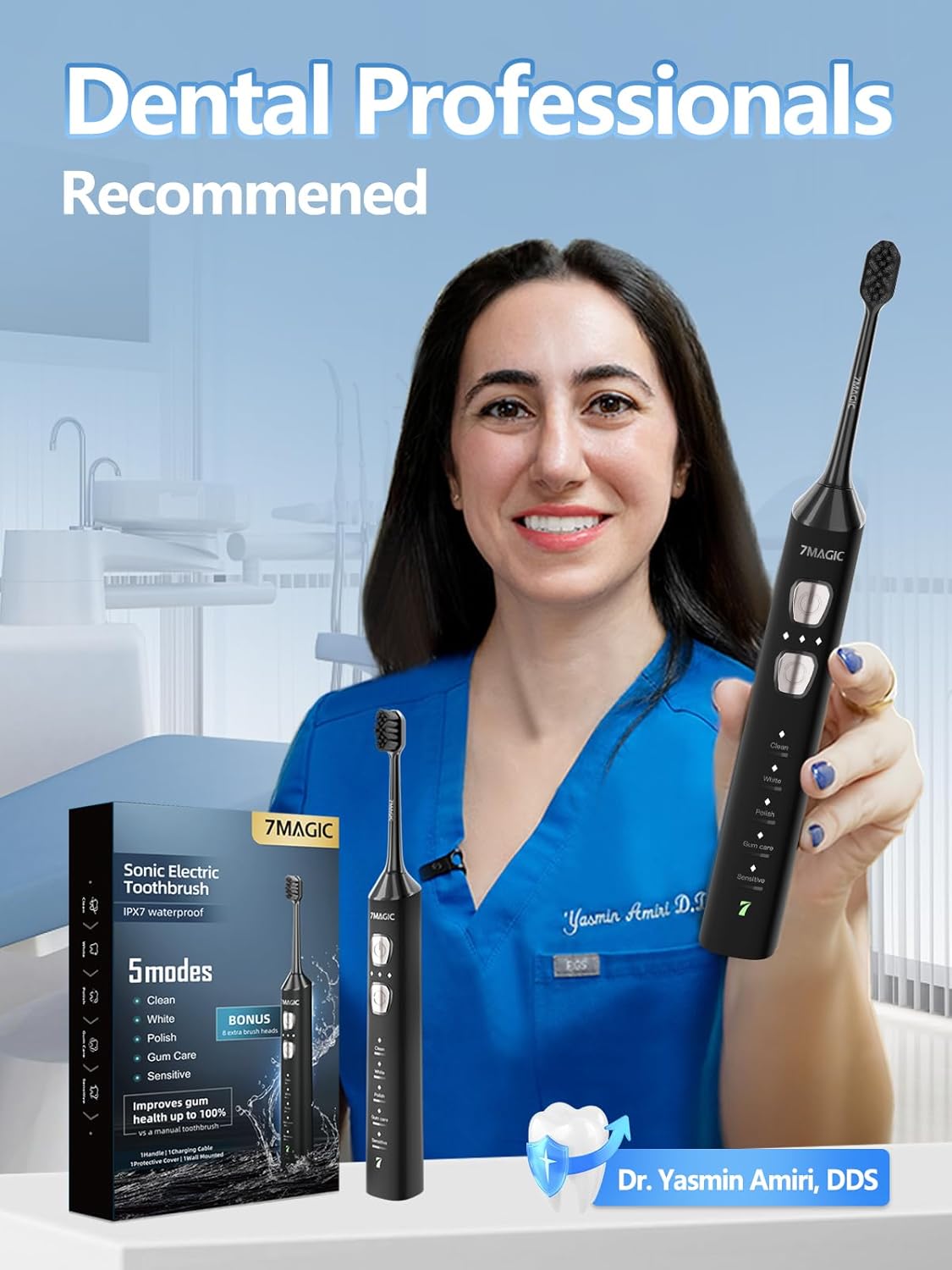 Detalle de 7MAGIC Sonic Electric Toothbrush for Adults and Kids — 180-Day Runtime, 42,000 VPM, 5 Modes, 3 Intensities, 8 Brush Heads