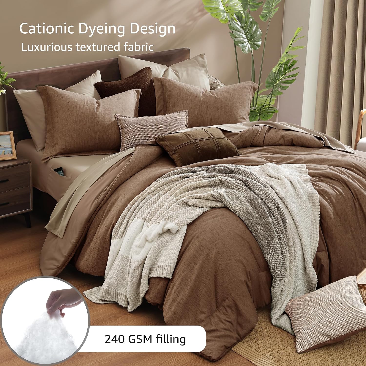 Detalle de Monbix King Size Comforter Set, 7-Piece Brown Reversible Bedding