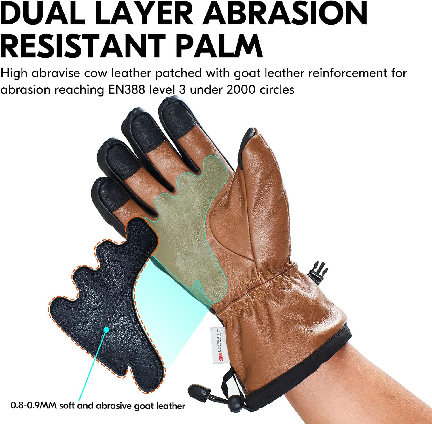 Thumbnail 4 de Vgo Gants de Ski doublés cuir chèvre imperméables 4℃
