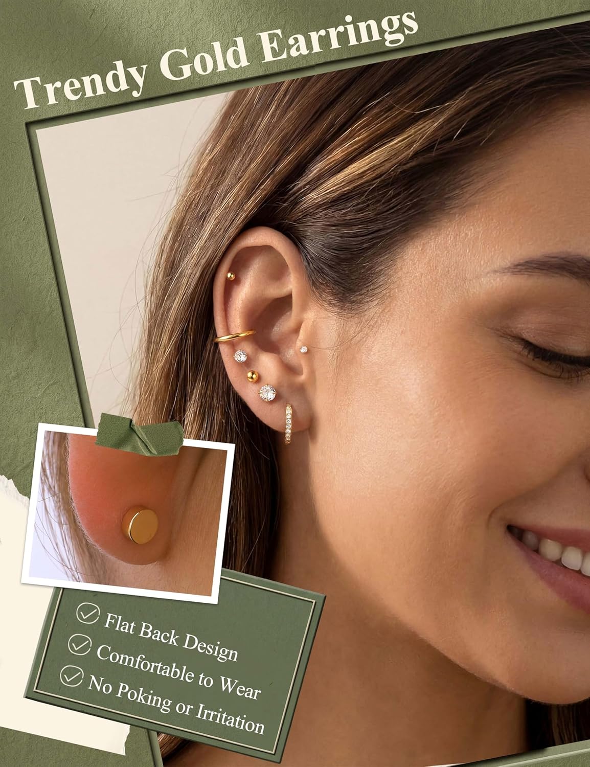 Detalle 2 de Jstyle Hypoallergenic 14K Gold Plated Studs for Sensitive Ears