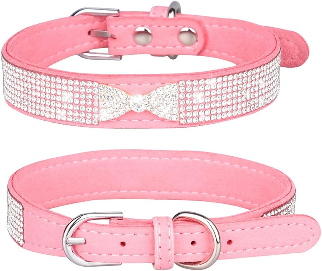 Thumbnail 1 de Rhinestone Crystal Dog Collar with Bowtie Crown – Adjustable Velvet Leather, Hot Pink (XS)