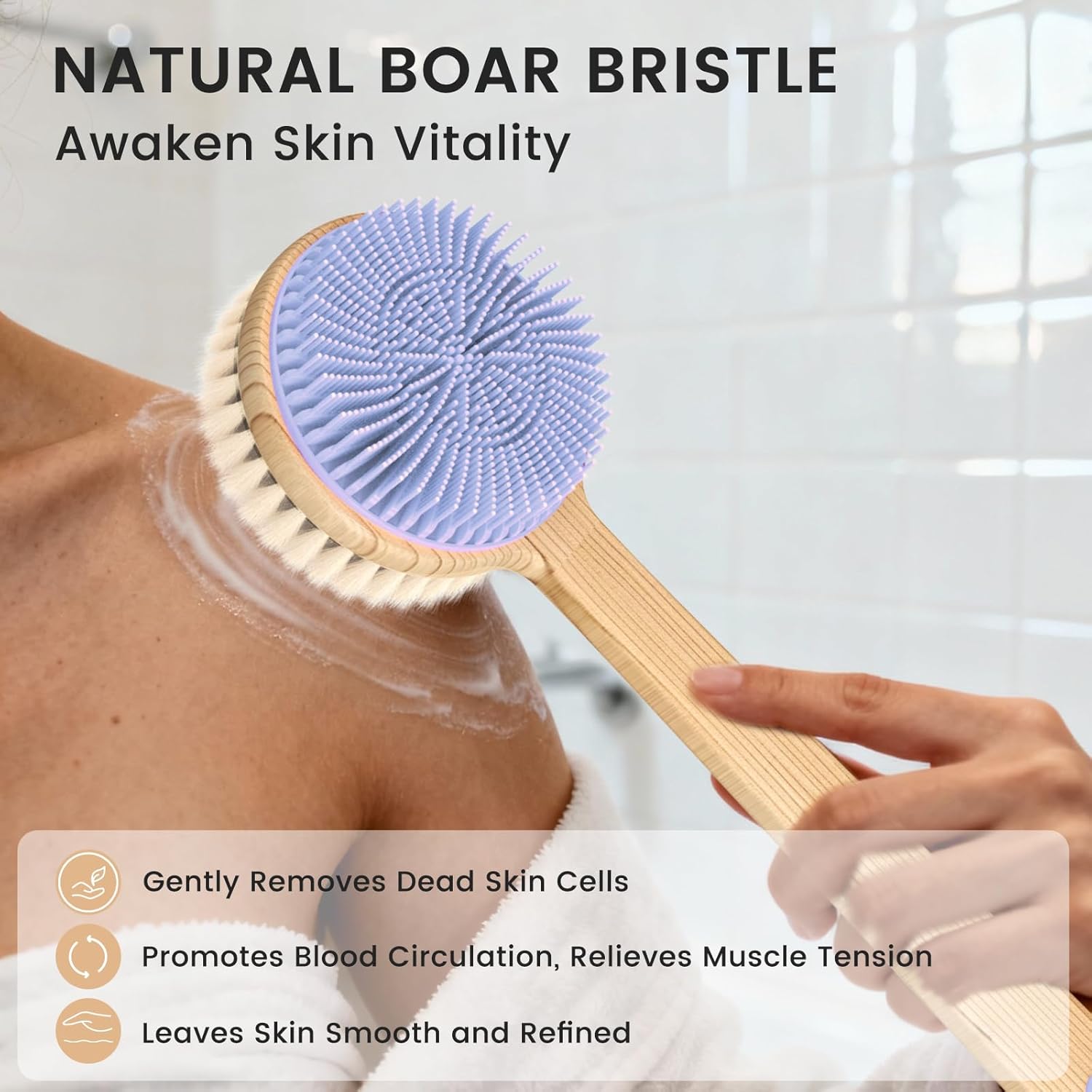 Detalle de Back Scrubber for Shower: Double-Sided Silicone & Dense Nylon Bristles with Bamboo Handle