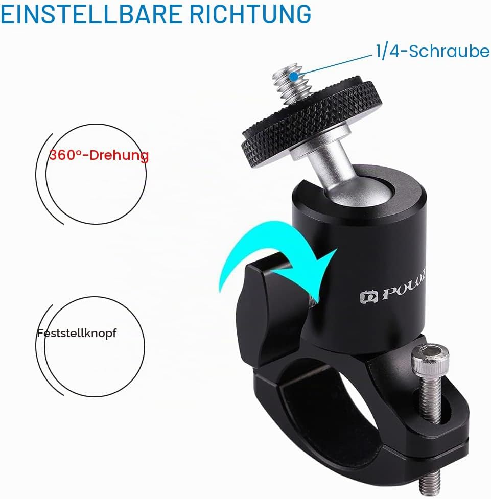 Detalle 2 de PULUZ Fahrrad-Lenkerhalterung für GoPro Hero 12/11/10/9/8/7/6 – Aluminium, 20–35 mm Durchmesser, 1/4-Zoll Gewinde