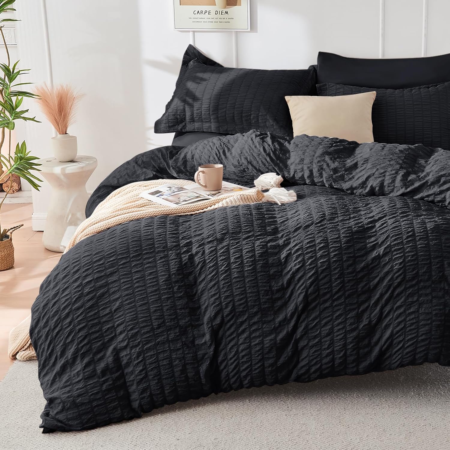 Detalle 2 de HYMOKEGE Black Twin Seersucker Comforter Set with Microfiber Bedding