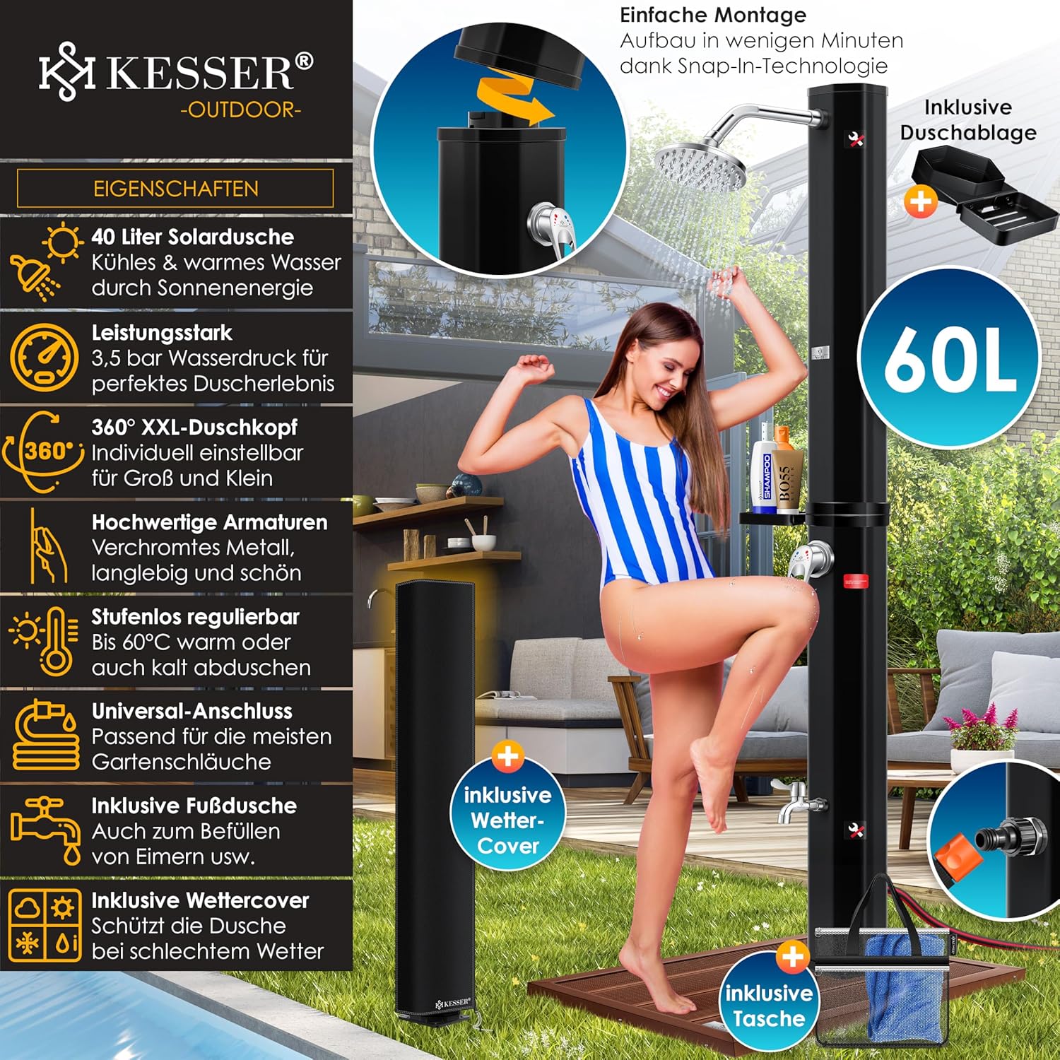 Detalle de KESSER® Solardusche 60L Gartendusche – Warmes Wasser ohne Strom für Garten und Pool